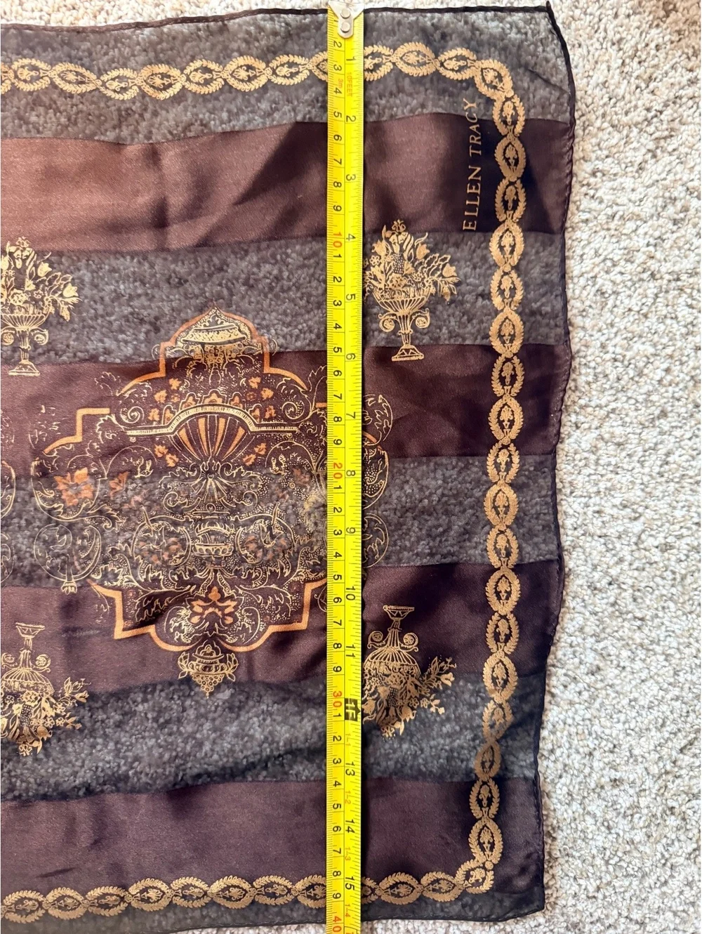 Ellen Tracy SILK Brown and Gold Patterned Sheer Scarf